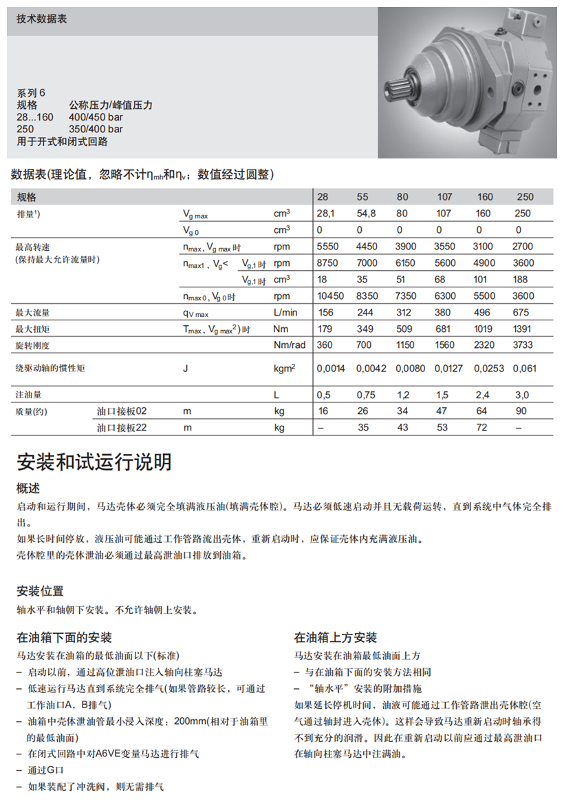 力士樂A6VE馬達(dá)技術(shù)參數(shù)